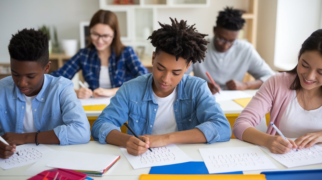 A diverse group of older ESL students (teenagers) practicing English handwriting in a classroom. They are engaged in writing exercises, tracing letters, and learning the alphabet with structured worksheets. The setting is a welcoming, modern classroom with a teacher providing guidance. The atmosphere is supportive and focused, representing the challenge and progress of learning a new writing system.